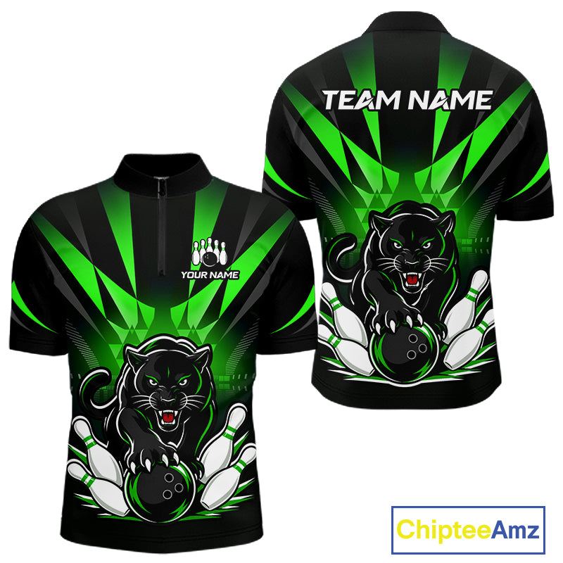 Front and back view of custom black and green leopard bowling men’s quarter-zip team shirt