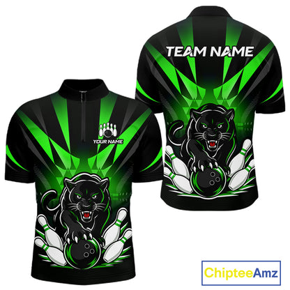 Front and back view of custom black and green leopard bowling men’s quarter-zip team shirt
