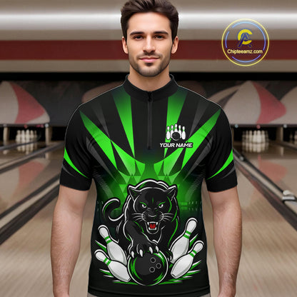 Bowler wearing custom black and green leopard bowling quarter zip team jersey on the lanes