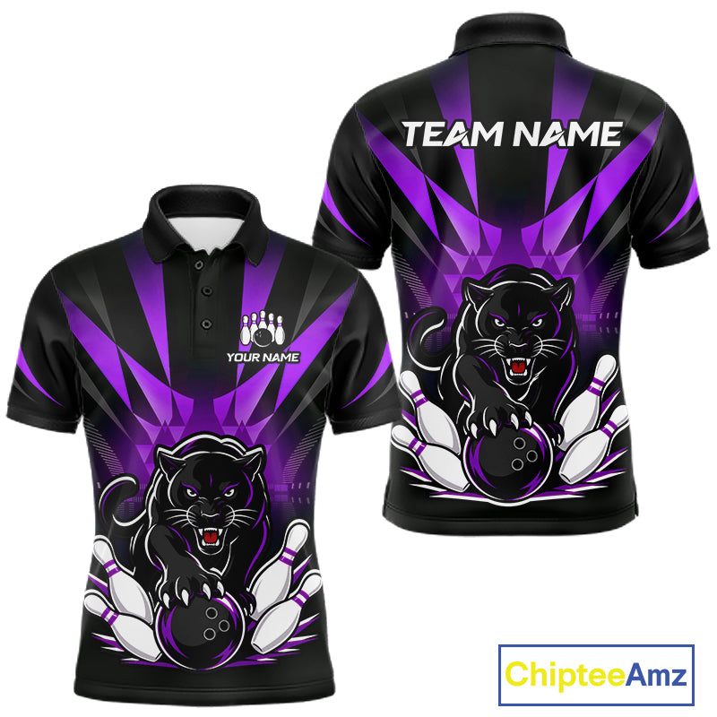 Front and back view of custom black and purple leopard bowling men’s polo team jersey