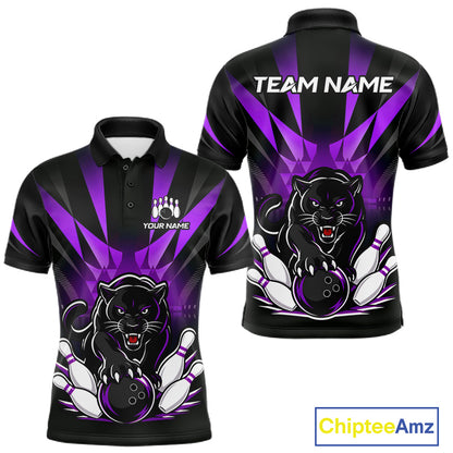 Front and back view of custom black and purple leopard bowling men’s polo team jersey