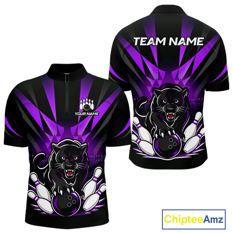 Front and back view of custom black and purple leopard bowling men’s quarter-zip team shirt