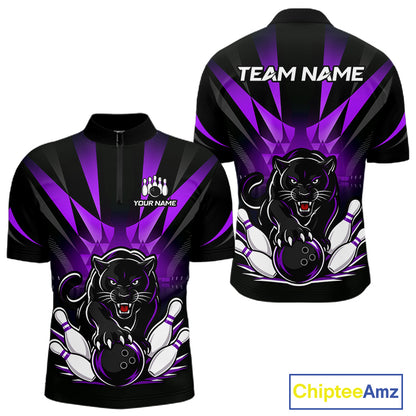 Front and back view of custom black and purple leopard bowling men’s quarter-zip team shirt