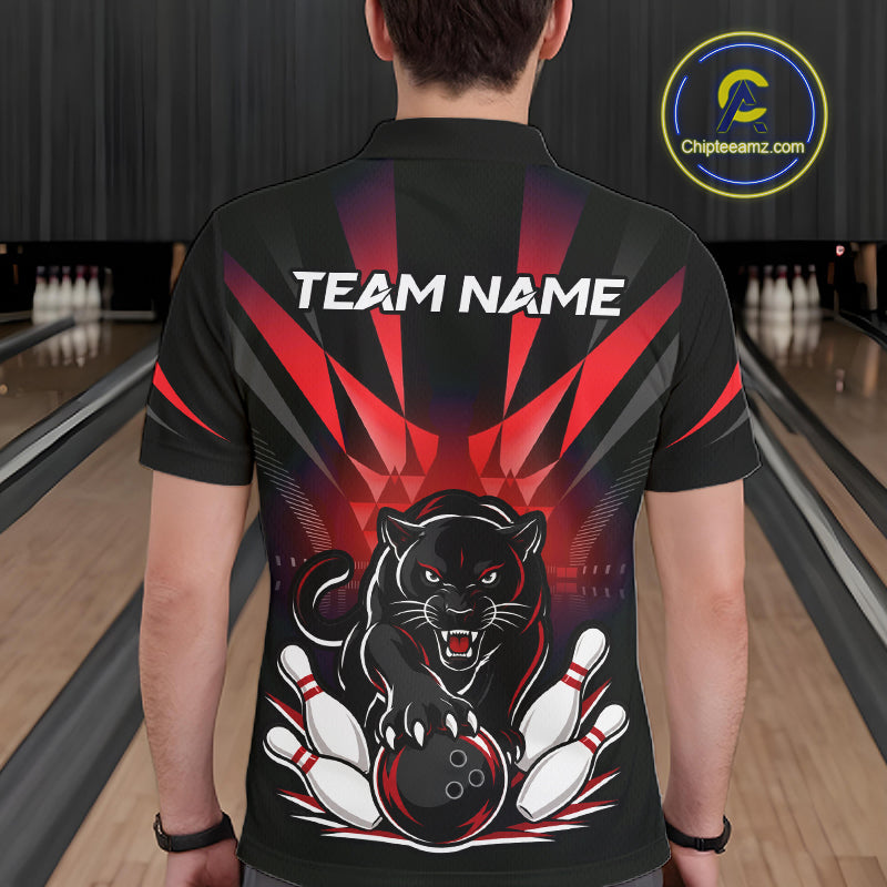 Custom Black And Red Leopard Bowling Jerseys, Leopard Bowling Team Men Polo & 1/4 Quarter-Zip Shirts NBT917