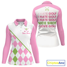 Load image into Gallery viewer, front and back view funny golf slogan pink argyle long sleeve womens golf polo shirt