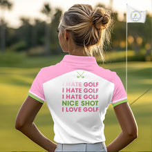 Load image into Gallery viewer, woman wearing funny pink argyle womens golf polo “I hate golf I love golf”
