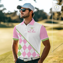 Load image into Gallery viewer, Men golfer wearing custom blue and yellow argyle pattern golf shirt