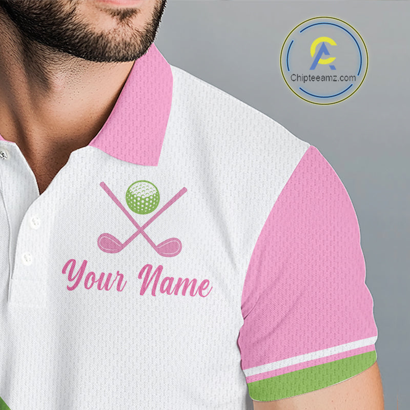 Pink argyle pattern on funny mens golf polo shirt