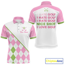 Load image into Gallery viewer, Funny mens golf polo shirt pink argyle pattern - back view