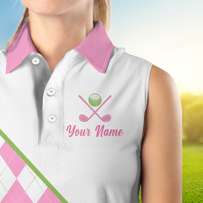 close up text “I hate golf nice shot I love golf” pink argyle sleeveless golf polo