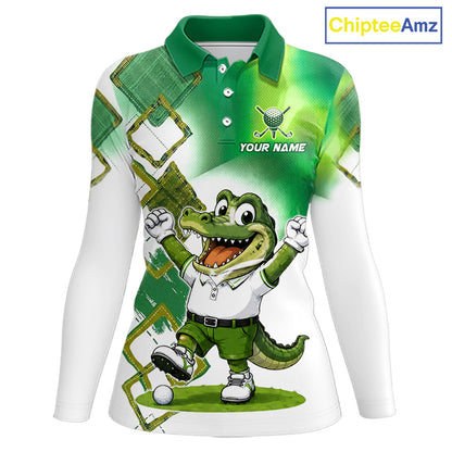 Funny Alligator Womens Golf Polo Shirt Custom Name, Team Golf Shirts, Golf Gifts | Green NBT839