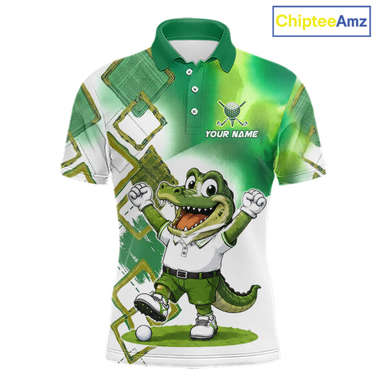 Front view of funny alligator mens golf polo shirt in green with custom name on chest, team golf shirts and golf gifts design