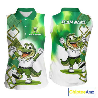 Funny Alligator Womens Sleeveless Golf Polo Shirt Custom Name, Team Golf Shirts, Golf Gifts | Green NBT839