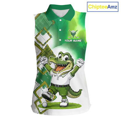 Funny Alligator Womens Sleeveless Golf Polo Shirt Custom Name, Team Golf Shirts, Golf Gifts | Green NBT839