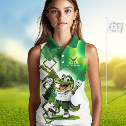 Funny Alligator Womens Sleeveless Golf Polo Shirt Custom Name, Team Golf Shirts, Golf Gifts | Green NBT839
