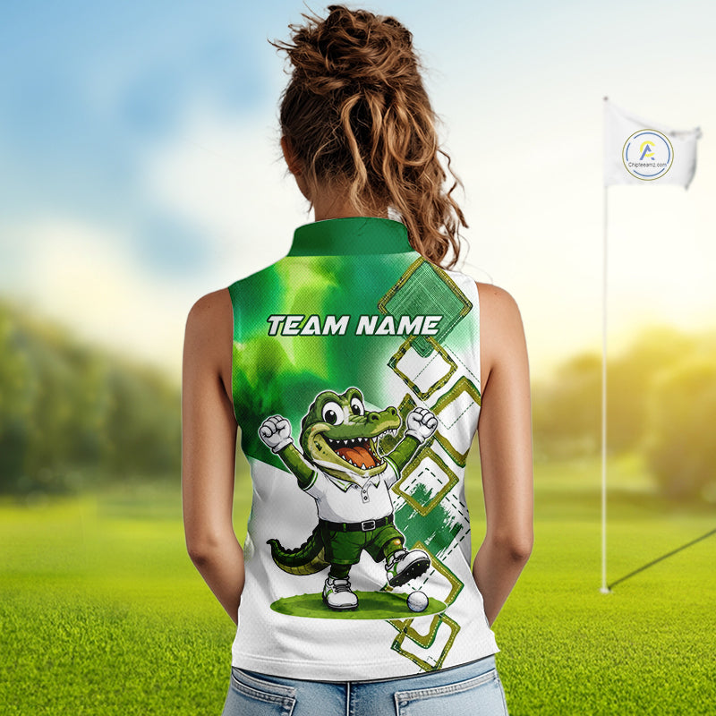 Funny Alligator Womens Sleeveless Golf Polo Shirt Custom Name, Team Golf Shirts, Golf Gifts | Green NBT839