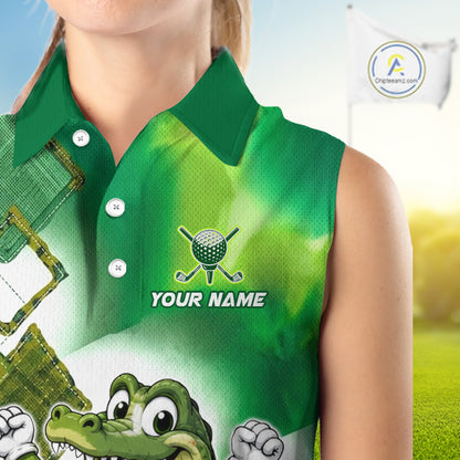 Funny Alligator Womens Sleeveless Golf Polo Shirt Custom Name, Team Golf Shirts, Golf Gifts | Green NBT839
