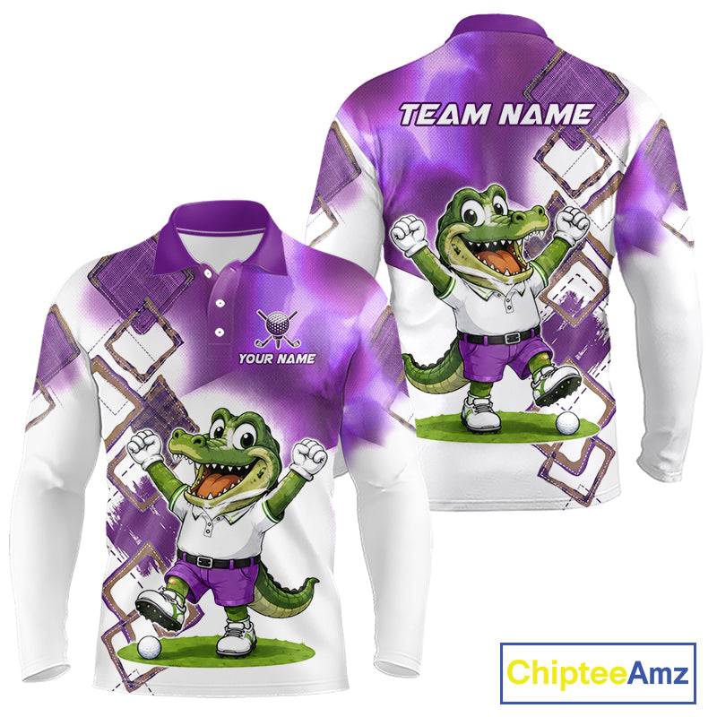 Front and back view of funny alligator mens long sleeve golf polo shirt in green with custom name on chest, team golf shirts and golf gifts design