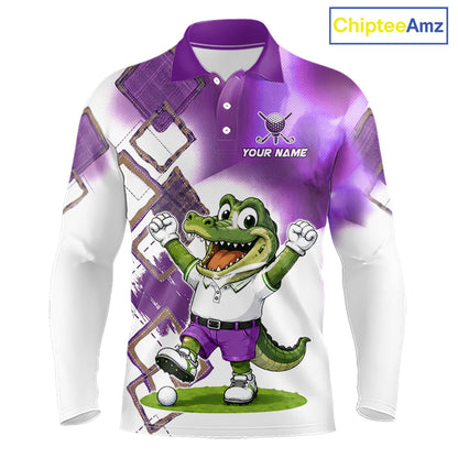Front view of funny alligator mens long sleeve golf polo shirt in purple with custom name on chest, team golf shirts and golf gifts design