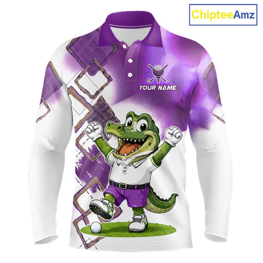 Front view of funny alligator mens long sleeve golf polo shirt in purple with custom name on chest, team golf shirts and golf gifts design