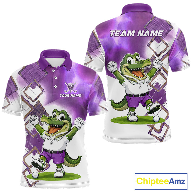 Front and back view of funny alligator mens golf polo shirt in purple with custom name on chest, team golf shirts and golf gifts design