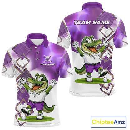Front and back view of funny alligator mens golf polo shirt in purple with custom name on chest, team golf shirts and golf gifts design
