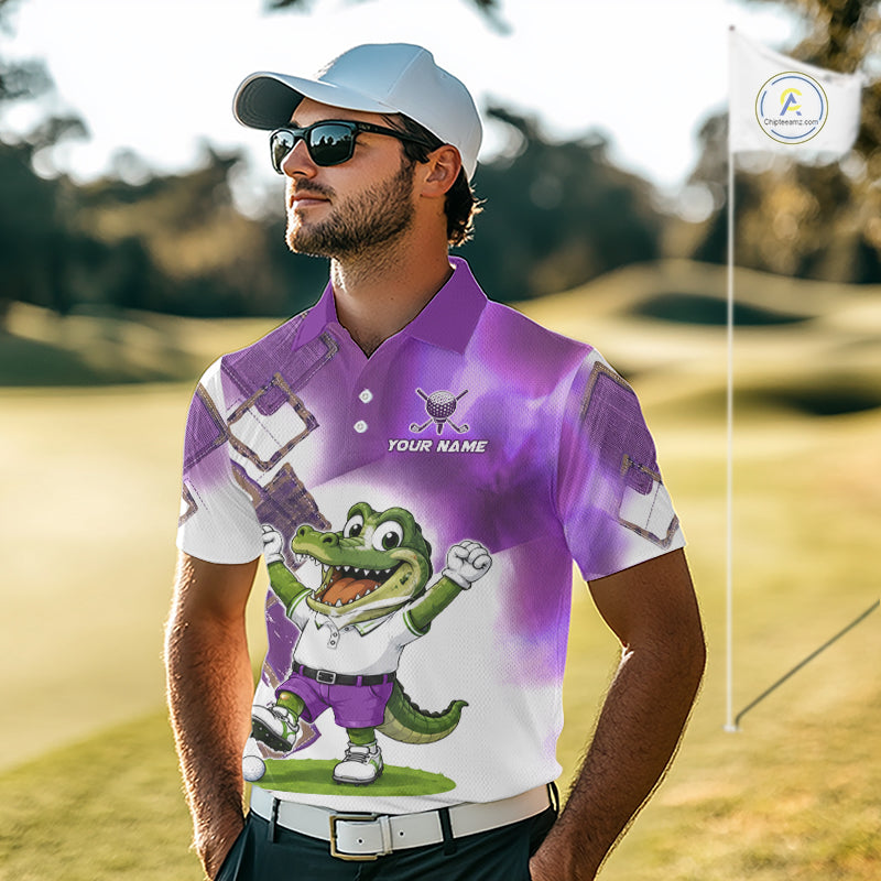 Model wearing funny alligator mens golf polo shirt with custom name in purple, team golf shirts and unique golf gifts outfit