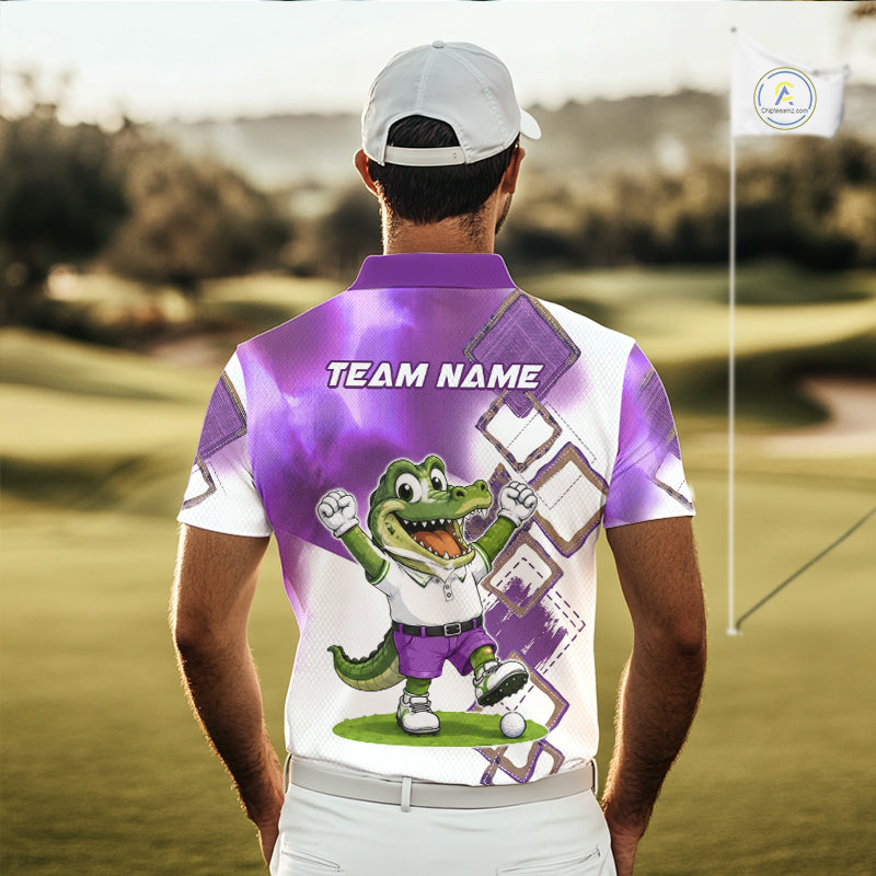 Model wearing funny alligator mens golf polo shirt with custom name in purple, team golf shirts and unique golf gifts outfit