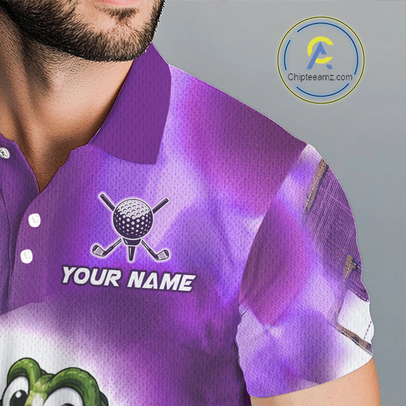 Purple polo shirt with golf-themed design and 'Your Name' text on the chest