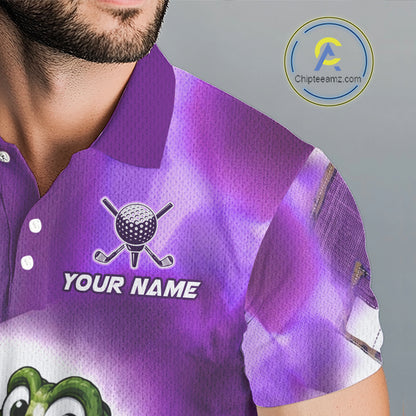 Purple polo shirt with golf-themed design and 'Your Name' text on the chest