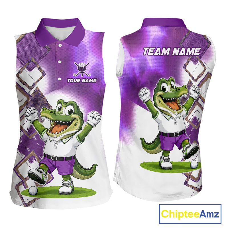 Funny Alligator Womens Sleeveless Golf Polo Shirt Custom Name, Team Golf Shirts, Golf Gifts | Purple NBT840