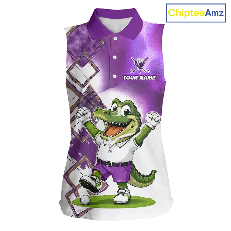 Funny Alligator Womens Sleeveless Golf Polo Shirt Custom Name, Team Golf Shirts, Golf Gifts | Purple NBT840