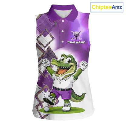 Funny Alligator Womens Sleeveless Golf Polo Shirt Custom Name, Team Golf Shirts, Golf Gifts | Purple NBT840
