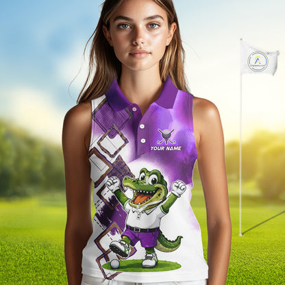 Funny Alligator Womens Sleeveless Golf Polo Shirt Custom Name, Team Golf Shirts, Golf Gifts | Purple NBT840