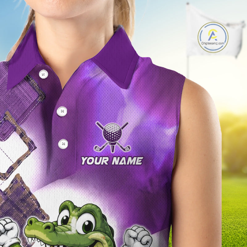Funny Alligator Womens Sleeveless Golf Polo Shirt Custom Name, Team Golf Shirts, Golf Gifts | Purple NBT840