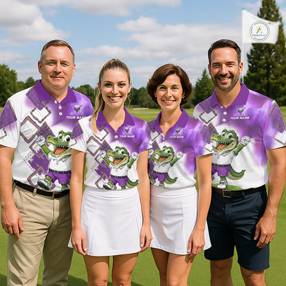 Four people wearing matching golf outfits on a golf course.