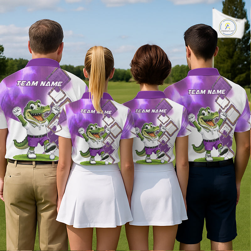 Four people wearing matching golf outfits on a golf course.