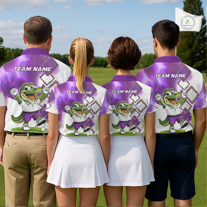 Four people wearing matching golf outfits on a golf course.
