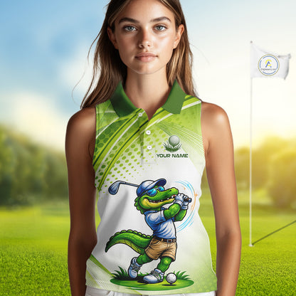 Funny White And Green Alligator Sleeveless Golf Polo Shirts For Women Custom Team Alligator Golf Outfit, Golfer Gifts NBT508