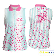 Load image into Gallery viewer, front and back view of woman in custom photo family golf polo shirt, matching family golf outfits