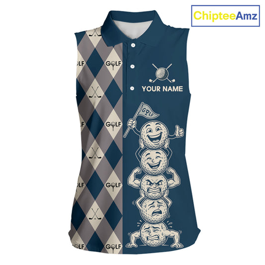 Funny Golf Ball Womens Sleeveless Golf Polo Shirts Custom Blue Argyle Pattern Golf Attire For Ladies, Golfer Gifts NBT627