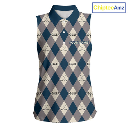 Blue Argyle Plaid Pattern Womens Sleeveless Golf Polo Shirts Custom Golf Attire For Ladies, Team Golf Shirt NBT636