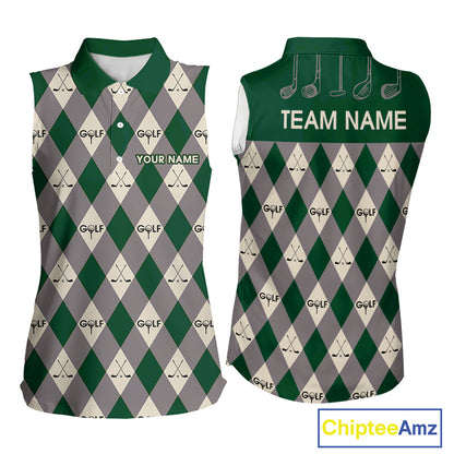 Green Argyle Plaid Pattern Womens Sleeveless Golf Polo Shirts Custom Golf Attire For Ladies, Team Golf Shirt NBT637