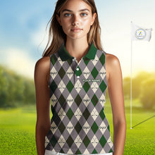 Load image into Gallery viewer, Green Argyle Plaid Pattern Womens Sleeveless Golf Polo Shirts Custom Golf Attire For Ladies, Team Golf Shirt NBT637