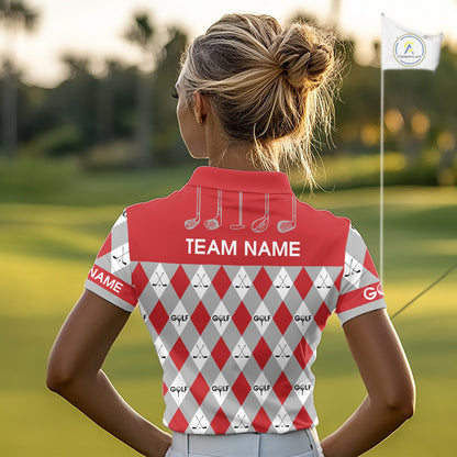 Red Argyle Plaid Pattern Womens Golf Polo Shirts Custom Golf Attire For Ladies, Team Golf Shirt NBT638