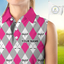 Load image into Gallery viewer, Pink Argyle Plaid Pattern Womens Sleeveless Golf Polo Shirts Custom Golf Attire For Ladies, Team Golf Shirt NBT639