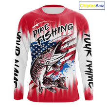 Load image into Gallery viewer, Personalized American Flag Northern Pike Fishing Shirts Long Sleeve, Patriotic Pike Fishing Jerseys|Red NBT656