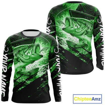 Green and black long sleeve fishing shirt with largemouth bass fish design on a white background