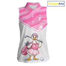 Load image into Gallery viewer, Pink Zebra Pattern Funny Duck Womens Sleeveless Golf Polo Shirts, Cute Duck Golfer, Sporty Animal Golf Gift NBT658