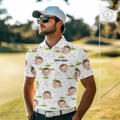 Personalized Face & Name Golf Polo Shirt For Men, Best Dad Golf Shirt, Father's Day Gift Polo|White NBT661